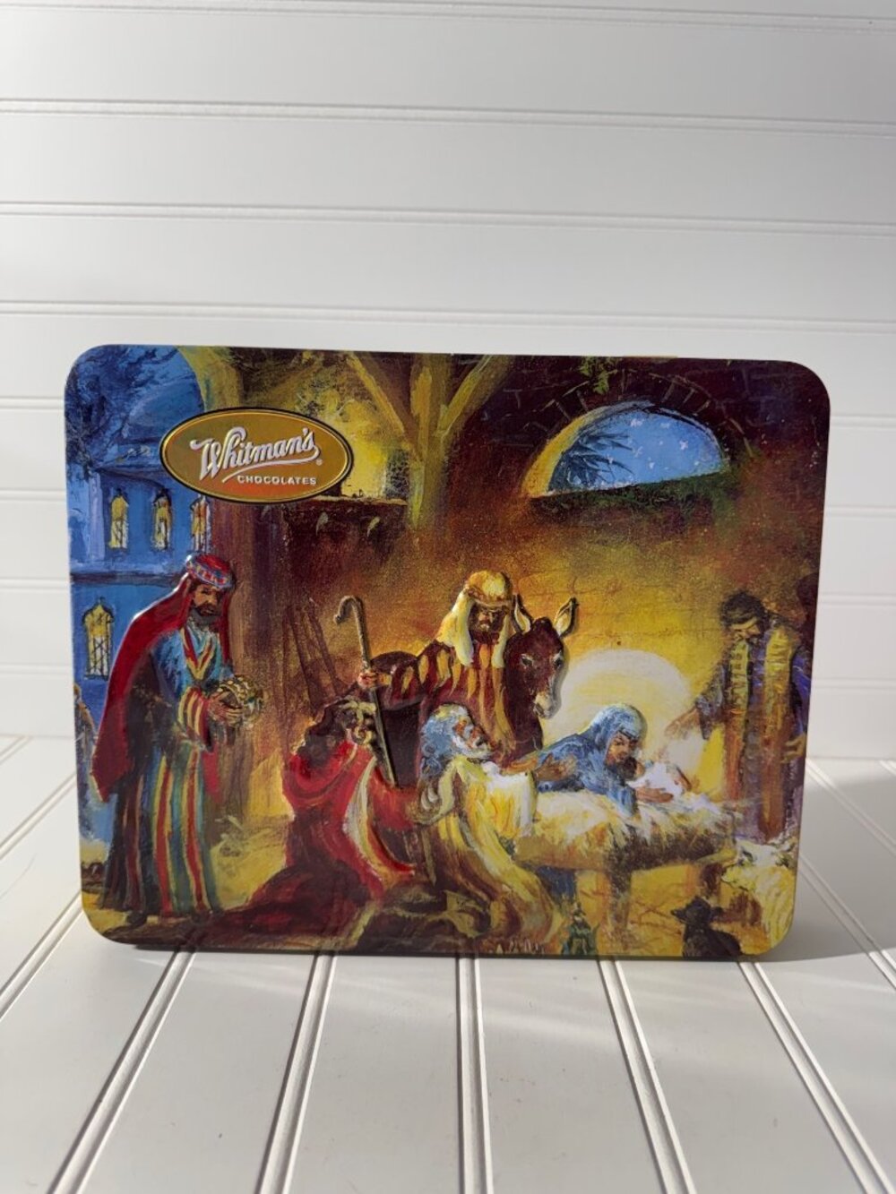 Whitman’s Collectible Tin Nativity Scene Christmas Holiday Vintage Empty